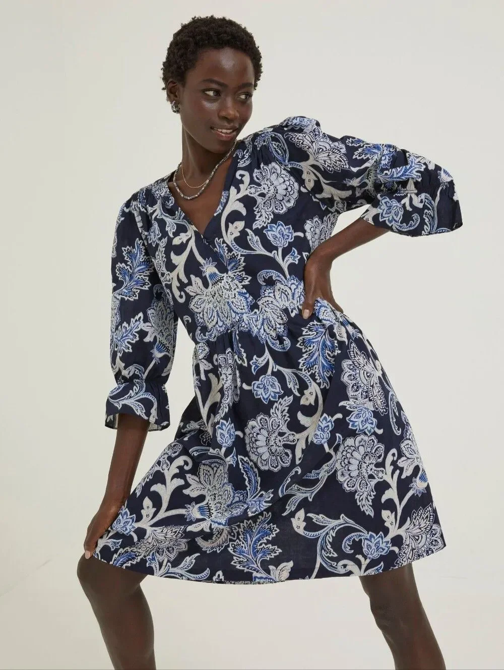 Fat Face Blue Maddox Palace Floral Dress Size 8 Cotton Comfy Easygoing